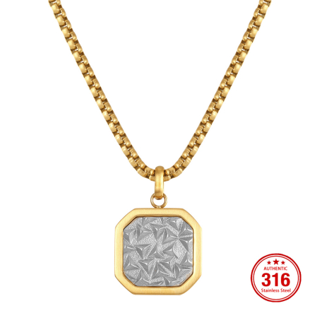 Colier Masiv Bărbați, Stil Cuban Link cu Placă Centrală Texturată, Auriu, Oțel Inoxidabil 316,placat cu aur de 18k, Lungime Ajustabilă 55 + 5 cm [5]