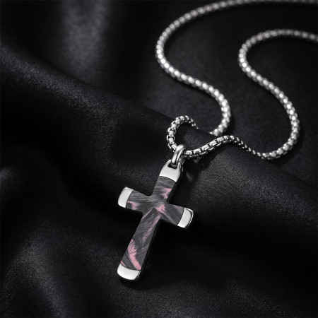 Lanț cu Pandantiv Cruce pentru Bărbați, Design Modern cu Textură Unică, Argintiu, Oțel Inoxidabil 316, Lungime Ajustabilă 55 + 5 cm [2]