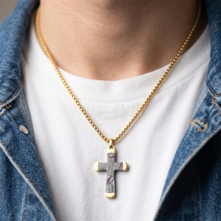 Lanț cu Pandantiv Cruce pentru Bărbați, Design Modern cu Textură Unică, Auriu, Oțel Inoxidabil 316,placat cu aur de 18k, Lungime Ajustabilă 55 + 5 cm [1]