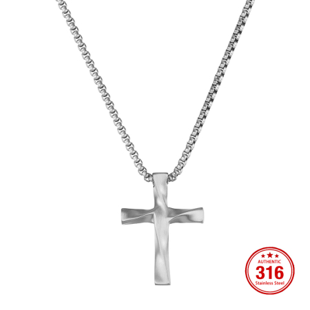 Lanț pentru Bărbați cu Pandantiv Cruce Răsucită, Design Modern, Argintiu, Oțel Inoxidabil 316, Lungime Ajustabilă 55 + 5 cm [3]