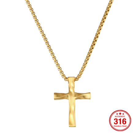 Lanț pentru Bărbați cu Pandantiv Cruce Răsucită, Design Modern, Auriu, Oțel Inoxidabil 316, placat cu aur de 18k, Lungime Ajustabilă 55 + 5 cm [5]