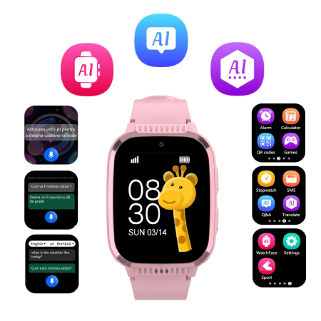 Smartwatch-uri - Smartwatch BySunny pentru Copii, 4G LTE model LT50, Ecran Mare 1.85" HD Touchscreen, Localizare GPS+WiFi, Apel Video HD, Buton SOS, Baterie 700mAh, Rezistent la apa IP67, Functii AI