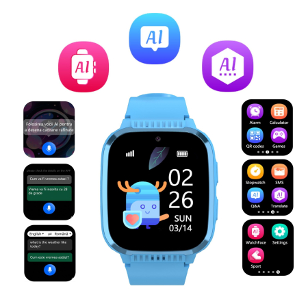 Smartwatch-uri - Smartwatch BySunny pentru Copii, 4G LTE model LT50 Blu, Ecran Mare 1.85" HD Touchscreen, Localizare GPS+WiFi, Apel Video HD, Buton SOS, Baterie 700mAh, Rezistent la apa IP67, Functii AI