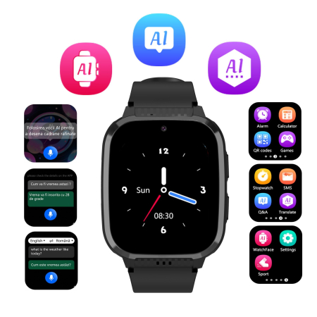 Smartwatch-uri - Smartwatch BySunny pentru Copii, 4G LTE model LT50 Black, Ecran Mare 1.85" HD Touchscreen, Localizare GPS+WiFi, Apel Video HD, Buton SOS, Baterie 700mAh, Rezistent la apa IP67, Functii AI