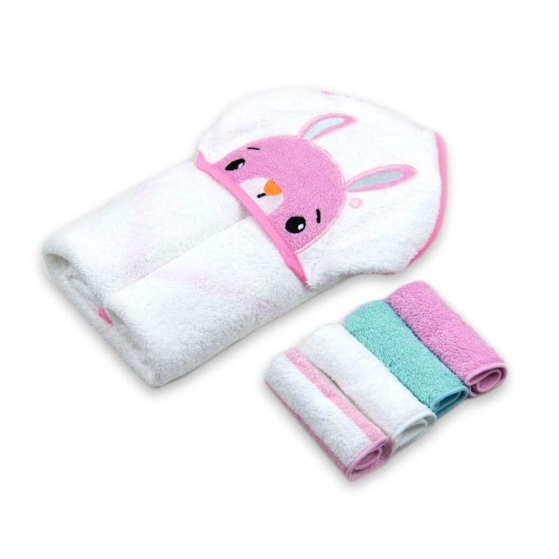 Set bebelusi cu 4 prosopele mici si prosop din bumbac cu gluga model iepuras - Mother's Choice [1]