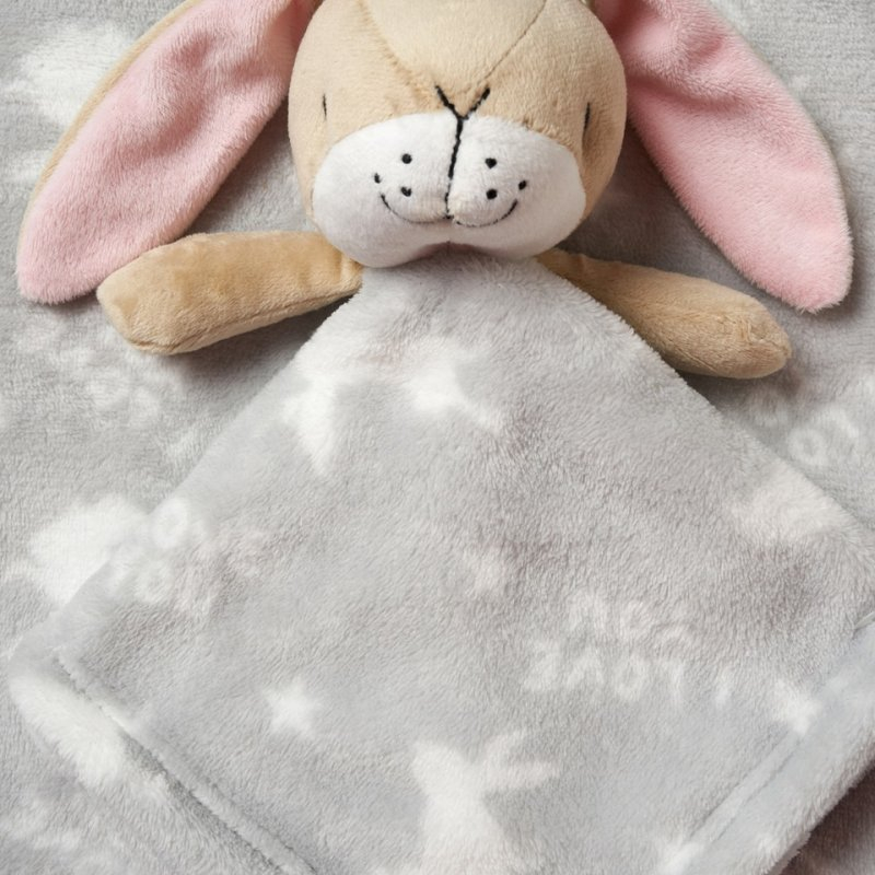 Set cadou bebelusi cu jucarie de plus iepuras si paturica gri unisex [3]