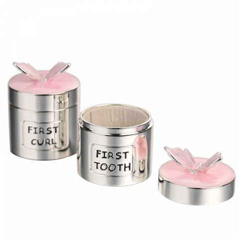 Cadouri prima aniversare - Cutiute argintate pentru suvita si dintisor model fluturasi baby girl 