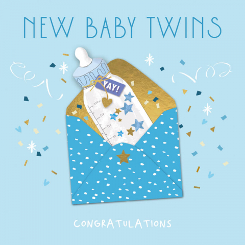 Felicitari si pungi cadou - Felicitare pentru gemeni model plic Baby Twins bleu 