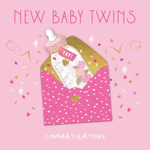 Felicitari si pungi cadou - Felicitare pentru gemeni model plic Baby Twins roz 
