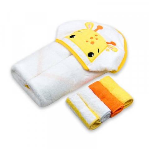 Prosoape Bebelusi - Set bebelusi cu 4 prosopele mici si prosop din bumbac cu gluga model girafa - Mother's Choice