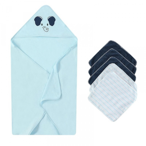 Prosoape Bebelusi - Set cadou bebelusi cu 5 mini prosopele si prosop cu gluga - elefant