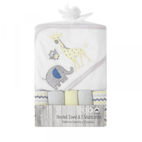 Set cadou bebelusi cu 5 mini prosopele si prosop de baie cu gluga model animalute - Mother's Choice [2]