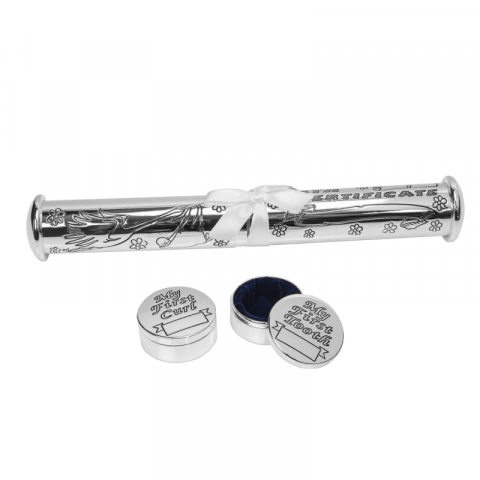 Cadouri bebelusi - Set cadou botez cu suport certificat si 2 cutiute argintate - Celebrations