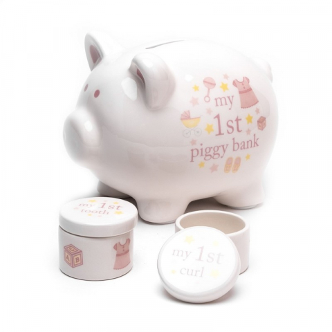 Decoratiuni - Set cadou pusculita si cutiute roz din ceramica Hello Baby