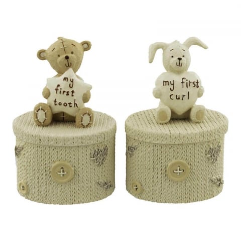 Cadouri prima aniversare - Set cutiuta prima suvita cu iepuras si primul dintisor cu ursulet - Button Corner