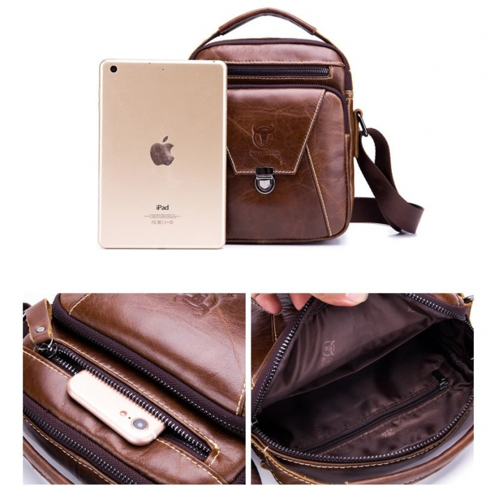 Geanta barbati BULLCAPTAIN, borseta de serviciu, geanta de umar, BC-041, Cafeniu, 23x18x7 cm, Piele naturala [9]