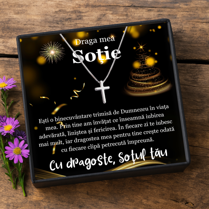 Set Cadou Soție –  Colier cu Pandativ cruce din Argint 925 placat cu rodiu, Darul Credintei Cutie Elegantă și Felicitare Personalizată [1]
