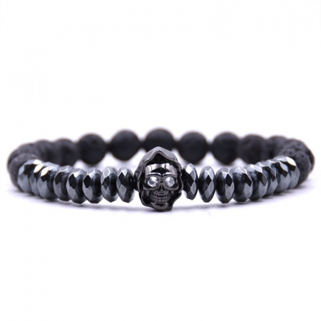 BĂRBAȚI - Bratara Prize Skull Black AVAMSI din roca vulcanica, pietre semipretioase, unisex, reglabila BB81