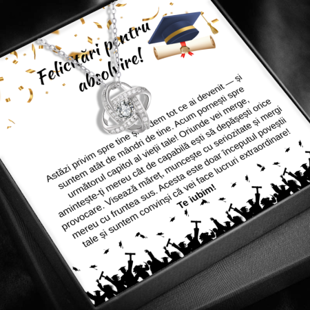 CADOURI ABSOLVIRE - Set Cadou Absolvire Pentru Fiică LD7415 – Colier cu Pandantiv Love Knot din Argint 925 placat cu rodiu, Cutie Elegantă și Mesaj Emotionant