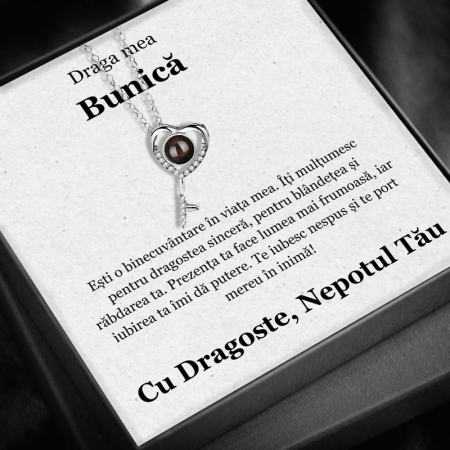 CADOU BUNICĂ - Set Cadou Bunică– Colier cu Pandativ  Cheia destinului din Argint 925 placat cu rodiu, Cutie Elegantă și Felicitare Personalizată