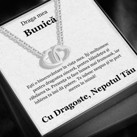 CADOU BUNICĂ - Set Cadou Bunică– Colier cu Pandativ Inimi Pereche din Argint 925 placat cu rodiu, Cutie Elegantă și Felicitare Personalizată