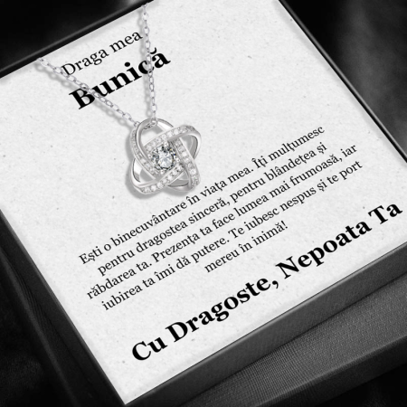 CADOU BUNICĂ - Set Cadou Bunică– Colier cu Pandativ Love Knot  din Argint 925 placat cu rodiu, Cutie Elegantă și Felicitare Personalizată