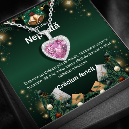 CADOU DE CRĂCIUN - Set Cadou Craciun Nepoată-Colier cu Pandativ Perla Roz din Argint 925 placat cu rodiu, Cutie Elegantă și Felicitare Personalizată