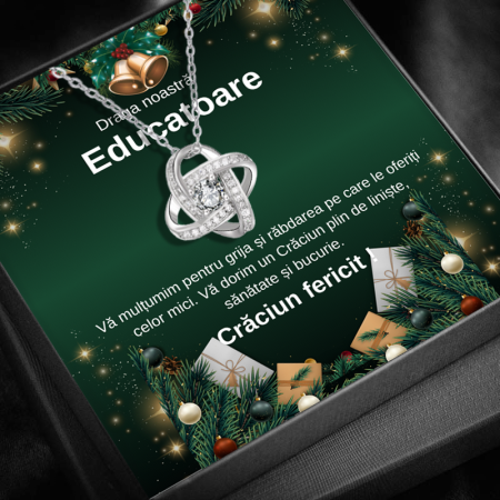 CADOU DE CRĂCIUN - Set Cadou Craciun pentru Doamna Educatoare– Colier cu Pandativ  Love Knot din Argint 925 placat cu rodiu, Cutie Elegantă și Felicitare Personalizată