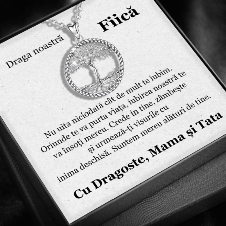 CADOU FIICĂ - Set Cadou Fiică – Colier cu Pandativ Copacul Intelepciunii din Argint 925 placat cu rodiu, Cutie Elegantă și Felicitare Personalizată