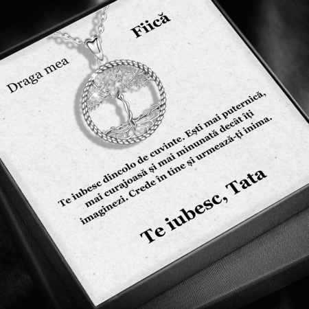 CADOU FIICĂ - Set Cadou Fiică – Colier cu Pandativ Copacul Intelepciunii din Argint 925 placat cu rodiu, Cutie Elegantă și Felicitare Personalizată