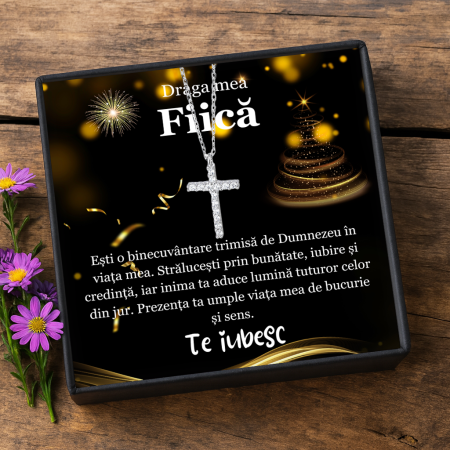 CADOU DE CRĂCIUN - Set Cadou Fiică – Colier cu Pandativ  cruce din Argint 925 placat cu rodiu, Divine Cross, Cutie Elegantă și Felicitare Personalizată