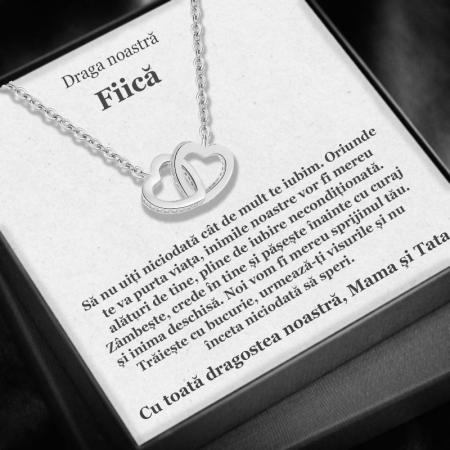 CADOU FIICĂ - Set Cadou Fiică – Colier cu Pandativ Inimi Pereche din Argint 925 placat cu rodiu, Cutie Elegantă și Felicitare Personalizată