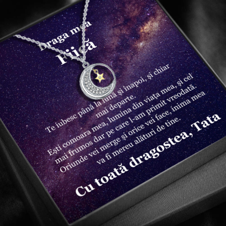 CADOU FIICĂ - Set Cadou Fiică – Colier cu Pandativ  Lumina lunii din Argint 925 placat cu rodiu, Cutie Elegantă și Felicitare Personalizată