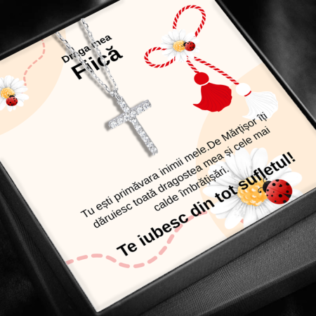 CADOU FIICĂ - Set Cadou Fiică CR01F Colier cu Pandativ  cruce din Argint 925 placat cu rodiu, Divine Cross, Cutie Elegantă și Felicitare Personalizată