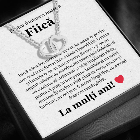 FEMEI - Set Cadou Fiică LD753Z – Colier cu Pandativ Inimi Pereche din Argint 925 placat cu rodiu, Cutie Elegantă și Felicitare Personalizată