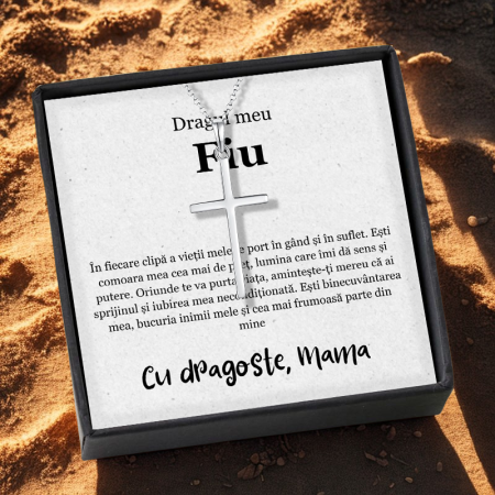 CADOU FIU - Set Cadou Fiu –  Colier cu pandativ cruce din argint 925, Pacea sufletului, placat cu rodiu, Cutie Elegantă și Felicitare Personalizată