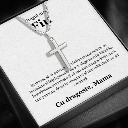 BĂRBAȚI - Set Cadou Fiu JM05F – Colier  pentru Bărbați cu Cruce - Credință și Forță, Cutie Elegantă și Felicitare