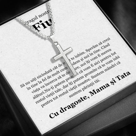 CADOU FIU - Set Cadou Fiu JM05G – Colier  pentru Bărbați cu Cruce - Credință și Forță, Cutie Elegantă și Felicitare