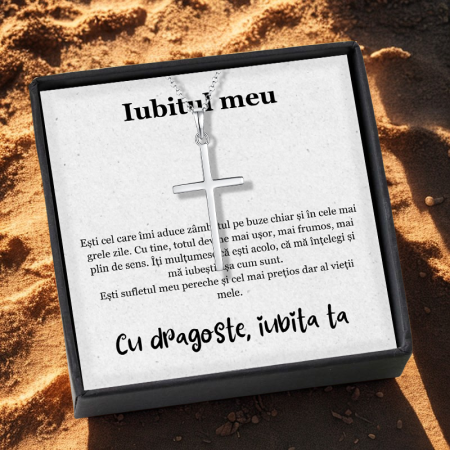 CADOU IUBIT - Set Cadou Iubit – Colier cu pandativ cruce din argint 925, Pacea sufletului, placat cu rodiu, Cutie Elegantă și Felicitare Personalizată