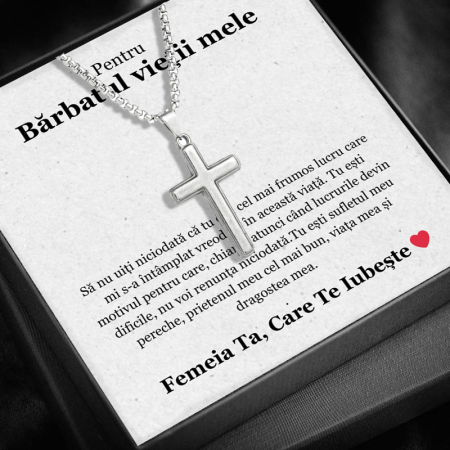 CADOU IUBIT - Set Cadou Iubit  JM05B – Colier  pentru Bărbați cu Cruce - Credință și Forță , Cutie Elegantă și Felicitare