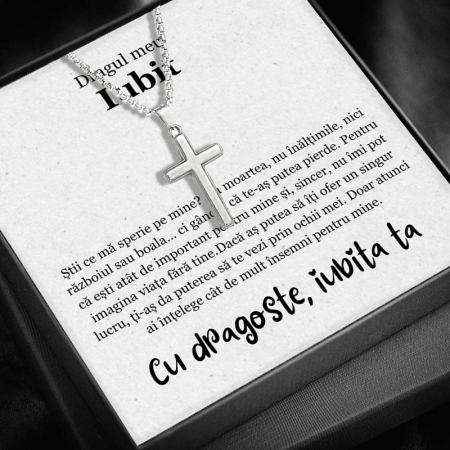 CADOU IUBIT - Set Cadou Iubit JM05C  – Colier  pentru Bărbați cu Cruce - Credință și Forță , Cutie Elegantă și Felicitare