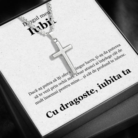 Set Cadou Iubit JM05D  – Colier  pentru Bărbați cu Cruce - Credință și Forță , Cutie Elegantă și Felicitare