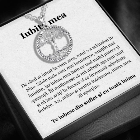 CADOU IUBITĂ - Set Cadou Iubita – Colier cu Pandativ Copacul Intelepciuniii din Argint 925 placat cu rodiu, Cutie Elegantă și Felicitare Personalizată