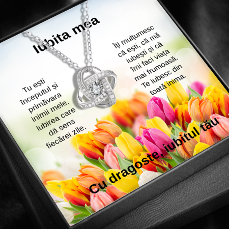 CADOU IUBITĂ - Set Cadou Iubita LD741Y– Colier cu Pandativ  Love Knot  din Argint 925 placat cu rodiu, Cutie Elegantă și Felicitare Personalizată