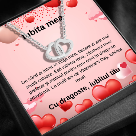 CADOU IUBITĂ - Set Cadou Iubita LD753S– Colier cu Pandativ  Inimi Pereche  din Argint 925 placat cu rodiu, Cutie Elegantă și Felicitare Personalizată