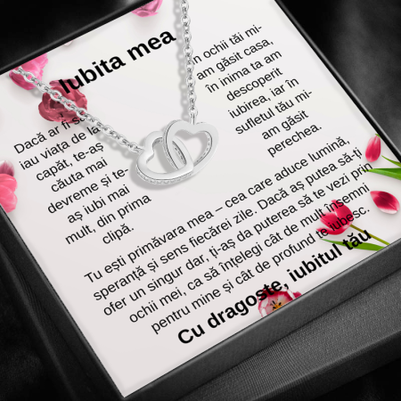 CADOU IUBITĂ - Set Cadou Iubita LD753T– Colier cu Pandativ  Inimi Pereche  din Argint 925 placat cu rodiu, Cutie Elegantă și Felicitare Personalizată