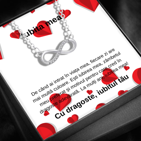 CADOU IUBITĂ - Set Cadou Iubita LD759Q– Colier cu Pandativ Taina Infinitului din Argint 925 placat cu rodiu, Cutie Elegantă și Felicitare Personalizată