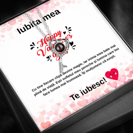 CADOU IUBITĂ - Set Cadou Iubita LD768Q– Colier cu Pandativ  Cheia Destinului  din Argint 925 placat cu rodiu, Cutie Elegantă și Felicitare Personalizată