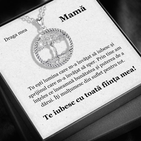 CADOU MAMĂ - Set Cadou Mamă– Colier cu Pandativ Copacul Intelepciunii din Argint 925 placat cu rodiu, Cutie Elegantă și Felicitare Personalizată