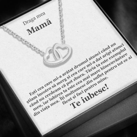 CADOU MAMĂ - Set Cadou Mamă– Colier cu Pandativ Inimi Pereche din Argint 925 placat cu rodiu, Cutie Elegantă și Felicitare Personalizată